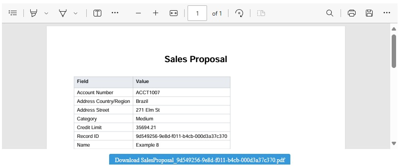 El ejemplo del componente PCF del intérprete de código que muestra el documento generado de propuesta de ventas en PDF