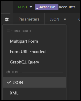 Captura de pantalla de la lista desplegable de la pestaña Cuerpo con JSON seleccionado en el grupo de texto.