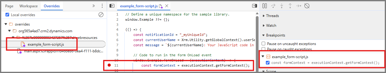 Captura de pantalla del editor DevTools con un punto de interrupción en el controlador de eventos Example.formOnLoad.