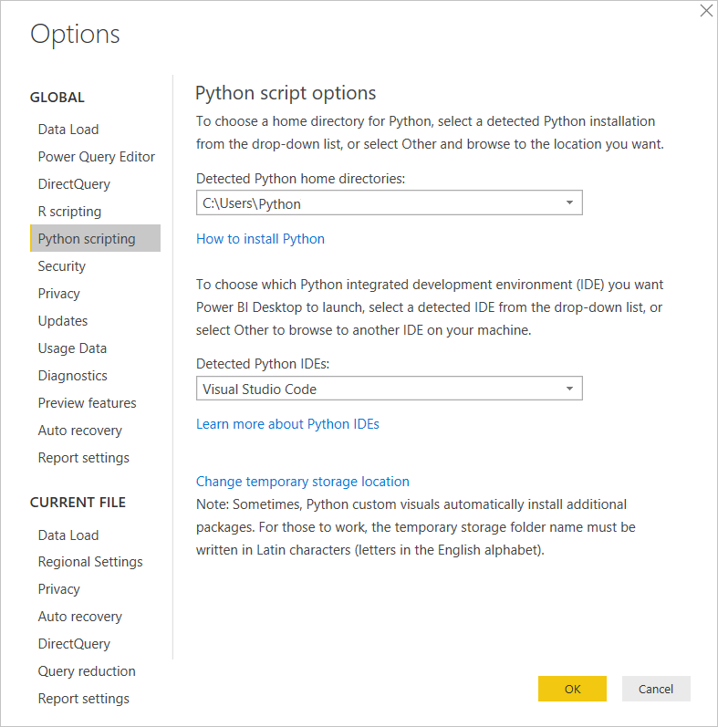 Captura de pantalla en la que se muestran las opciones de script de Python para Power&nbsp;BI Desktop.