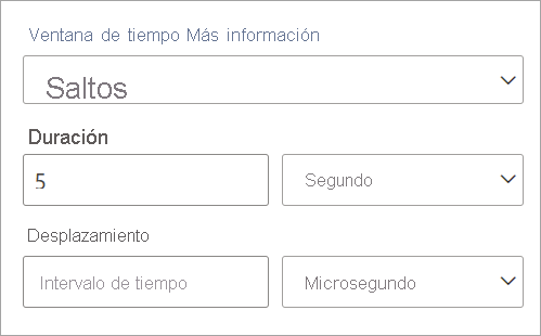Captura de pantalla que muestra la configuración de duración y desplazamiento de una ventana temporal contigua.