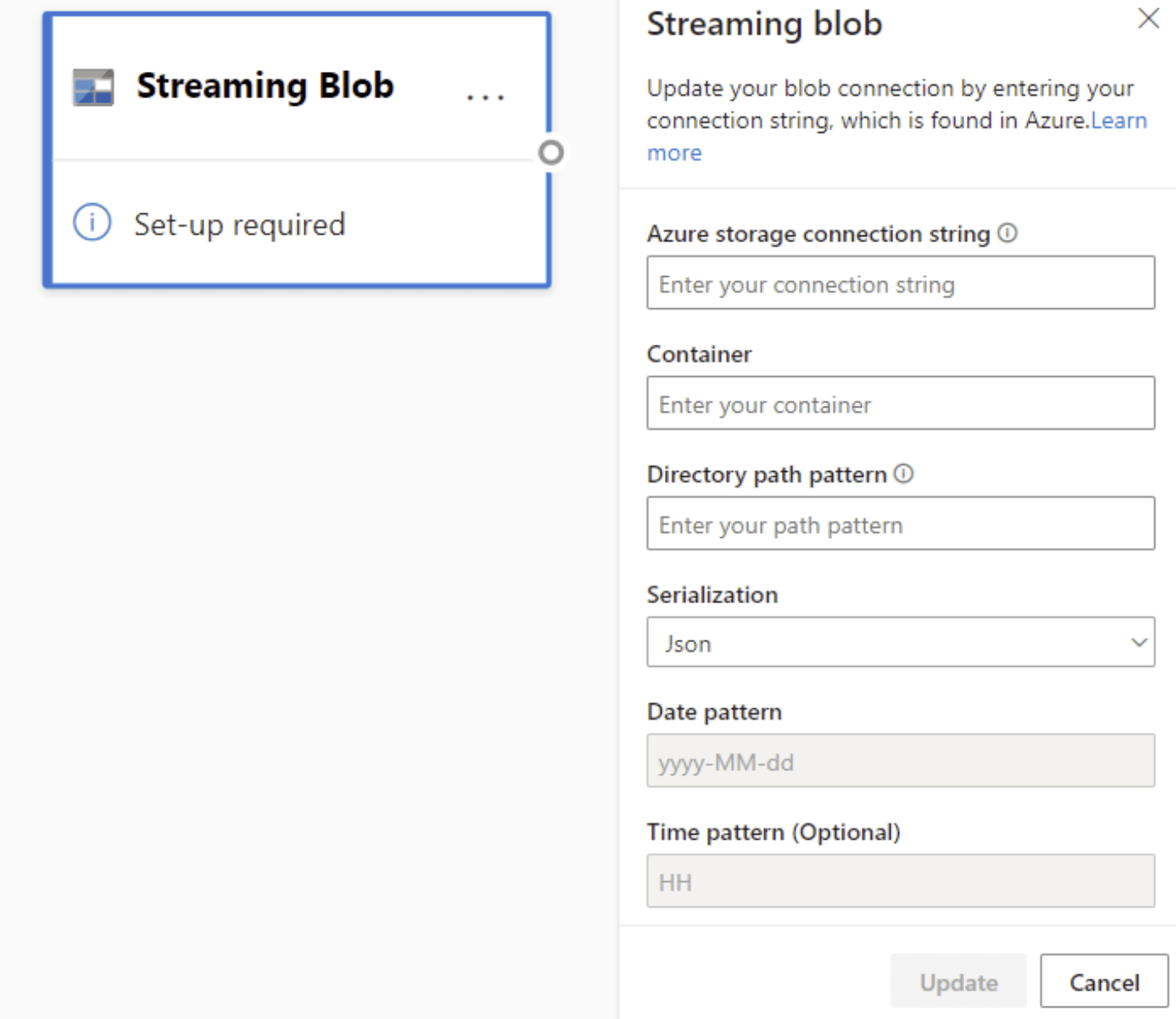  Captura de pantalla que muestra la tarjeta Streaming blob y el panel de configuración en la vista de diagrama