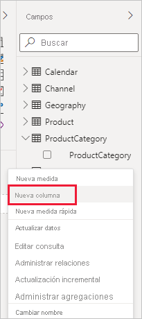 Captura de pantalla de Nueva columna en el menú desplegable.
