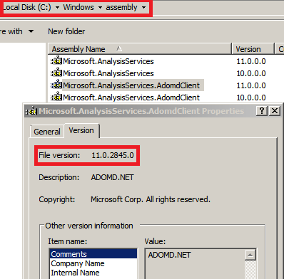 Cuadro de diálogo de versión del archivo de ADOMD.NET