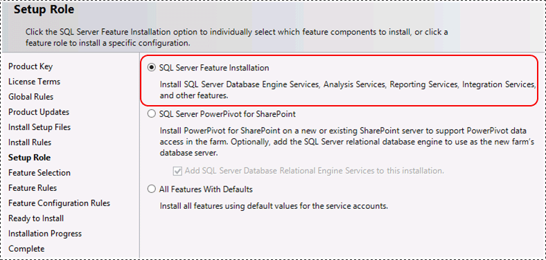 Instalación de características de SQL Server para el rol de instalación