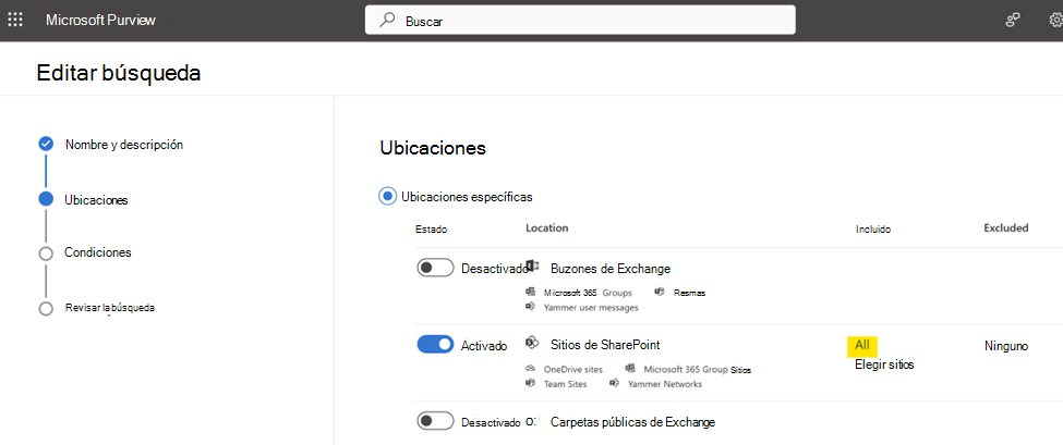 Microsoft Purview eDiscovery búsqueda configurada con todos los sitios de SharePoint seleccionados para incluir todos los contenedores de SharePoint Embedded.
