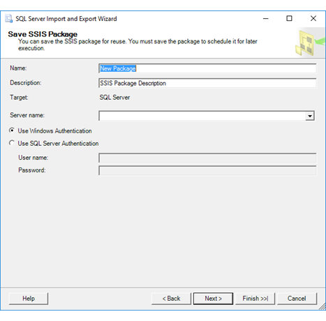 Captura de pantalla en la que se muestra la página Guardar el paquete SSIS del Asistente para importación y exportación si seleccionó la opción SQL&nbsp;Server en la página Guardar y ejecutar el paquete.