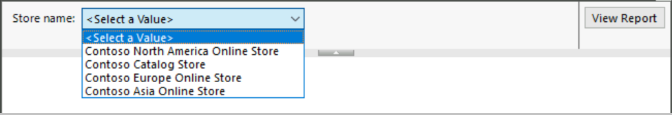 Captura de pantalla de la vista previa del informe con la solicitud de nombre de tienda actualizada, que ofrece una lista desplegable de valores para el lector.