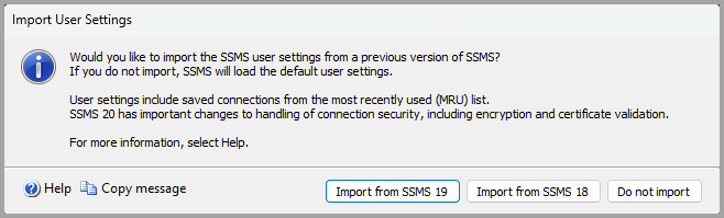 Captura de pantalla que muestra el cuadro de diálogo Importar configuración de usuario.