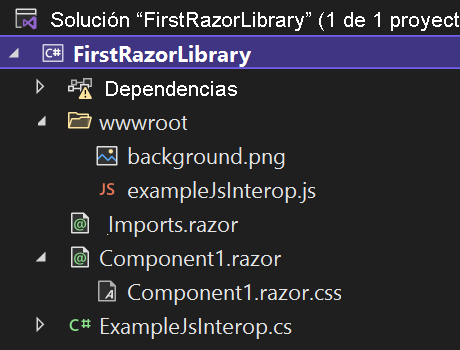 Recorte de pantalla del Explorador de soluciones de Visual Studio, en el que se muestra el contenido predeterminado del proyecto.