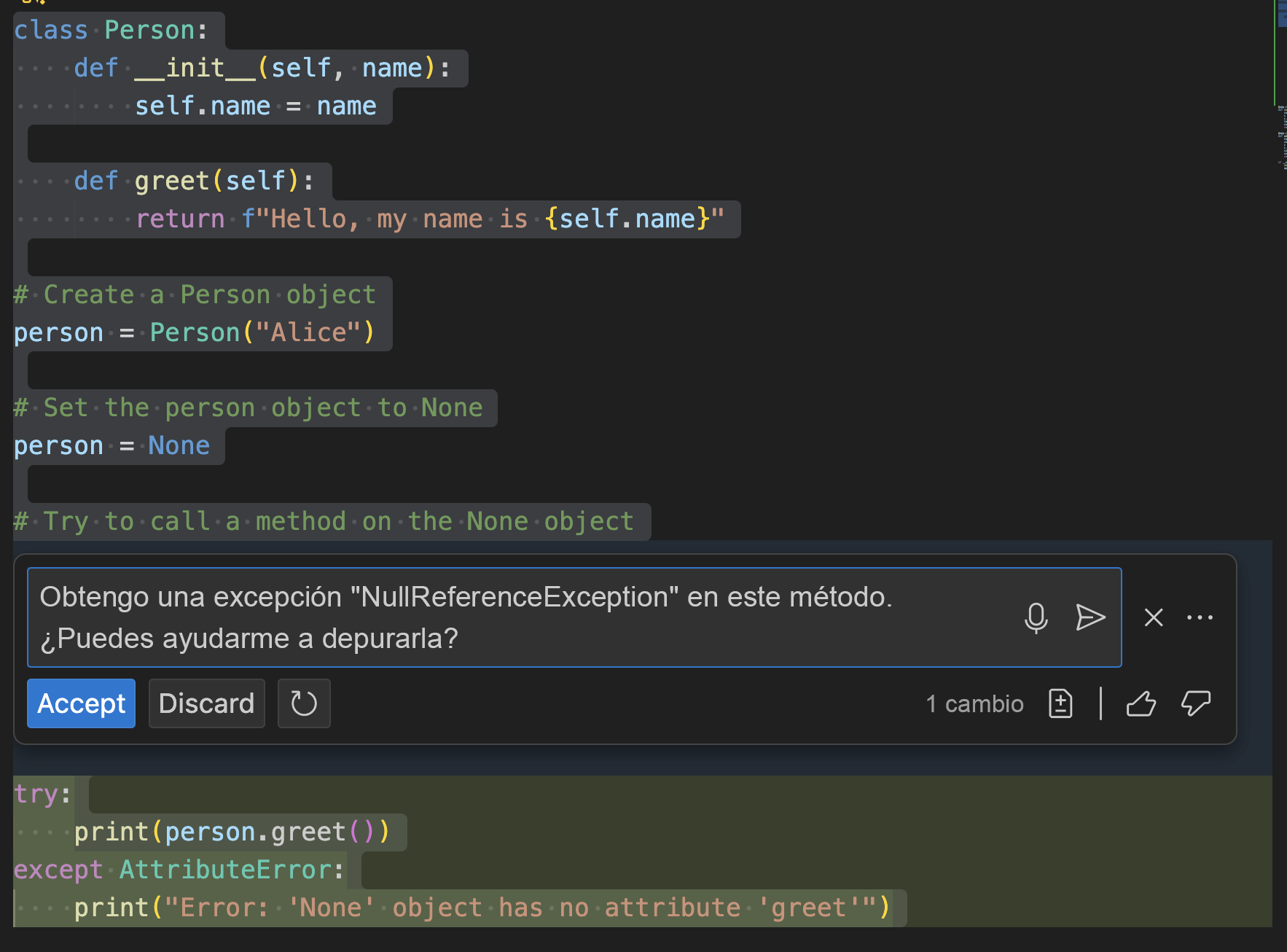 Captura de pantalla de la depuración mediante chat de código generado.