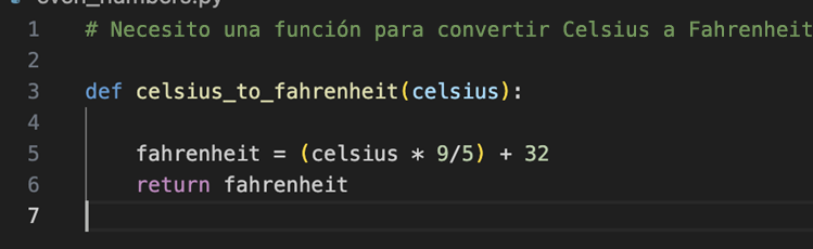 Captura de pantalla de Copilot que crea un código de conversión de temperatura a partir de un comentario.