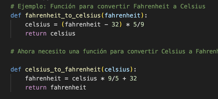 Captura de pantalla de Copilot con un ejemplo para crear código de conversión de temperatura similar.