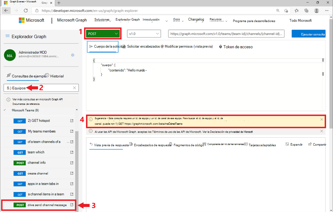 Captura de pantalla que muestra la solicitud post en Microsoft Graph Explorer.