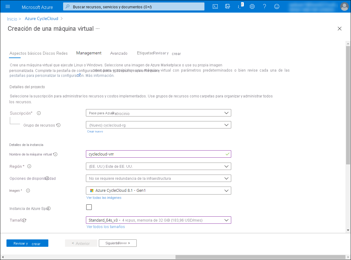 Captura de pantalla que muestra la sección superior de la pestaña Aspectos básicos de la sección Crear una máquina virtual en Azure&nbsp;Portal.