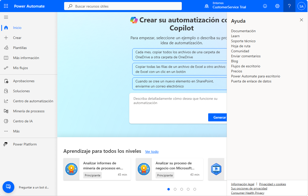 Captura de pantalla del panel ayuda en Power Automate.