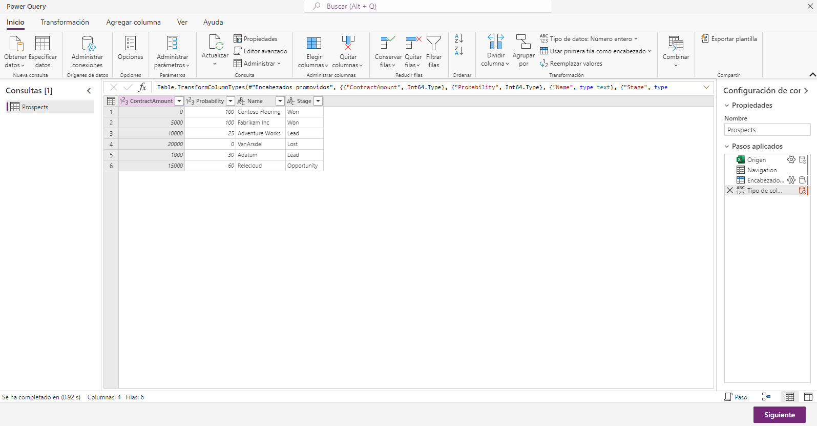Captura de pantalla de la ventana de Power Query, con las opciones de modelado de datos