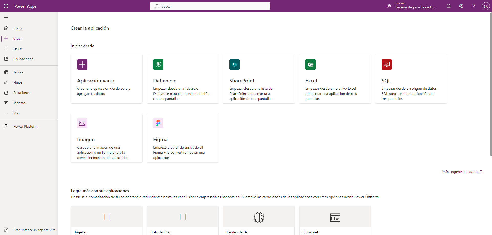 Captura de pantalla de Power Apps, con la pestaña Crear y Excel resaltados