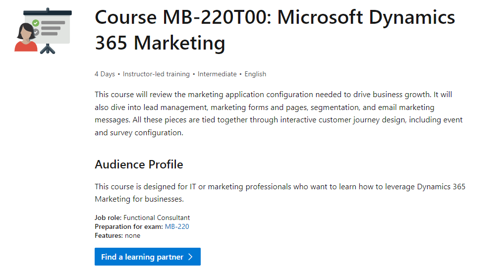 Captura de pantalla que muestra la página de detalles del curso MB-220T00: Microsoft Dynamics 365 Marketing