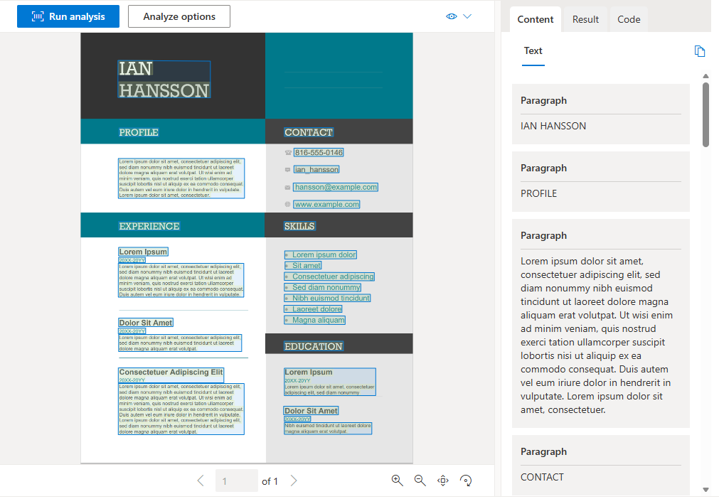 Captura de pantalla en la que se muestra la inteligencia de documentos que analiza un documento de ejemplo con campos extraídos y cuadros de límite.