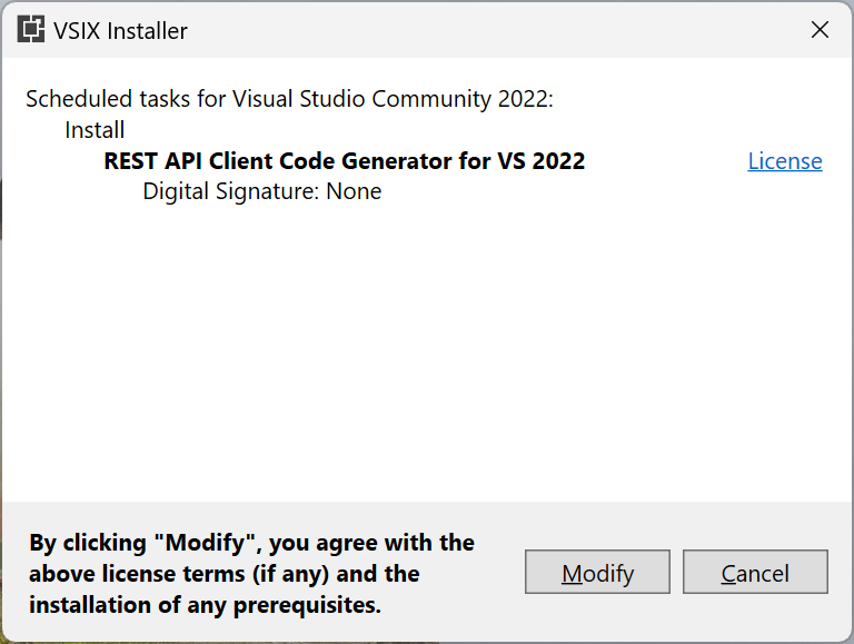 Captura de pantalla que muestra el cuadro de diálogo Instalador de VSIX.