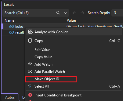 Screenshot que muestra cómo crear un identificador de objeto en Visual Studio.