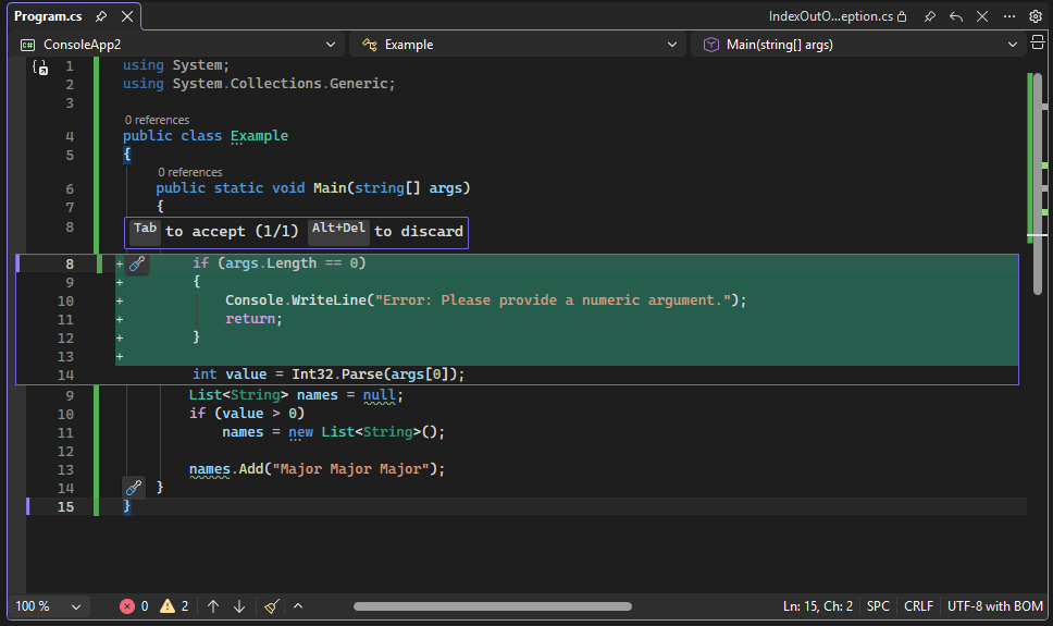 Captura de pantalla de la vista previa del código en Visual Studio.