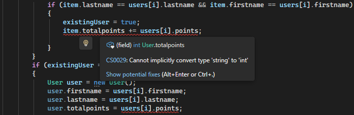 Screenshot que muestra el error de conversión de tipos en Visual Studio.