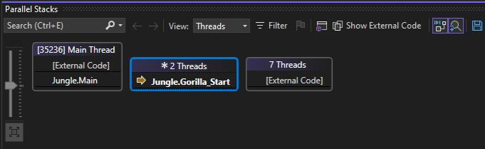 Captura de pantalla de la vista de subprocesos en la ventana de pilas paralelas.