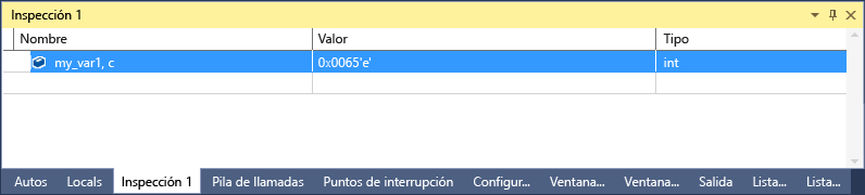 Captura de pantalla de la ventana Inspección de Visual&nbsp;Studio con una línea seleccionada que muestra 