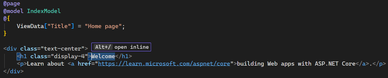 Captura de pantalla que muestra el archivo Index.cshtml para la página principal en el editor de Visual Studio Code.