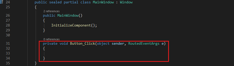 Captura de pantalla que muestra el código de C# para el controlador de eventos de Button_Click predeterminado.