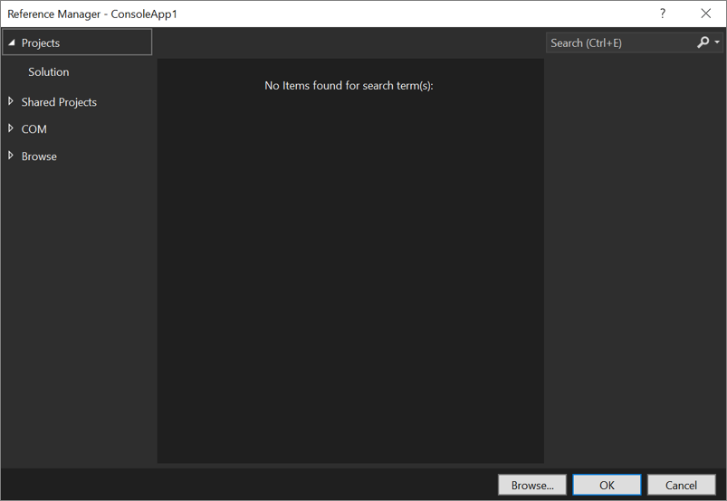 Captura de pantalla del cuadro de diálogo Administrador de referencias en Visual Studio.