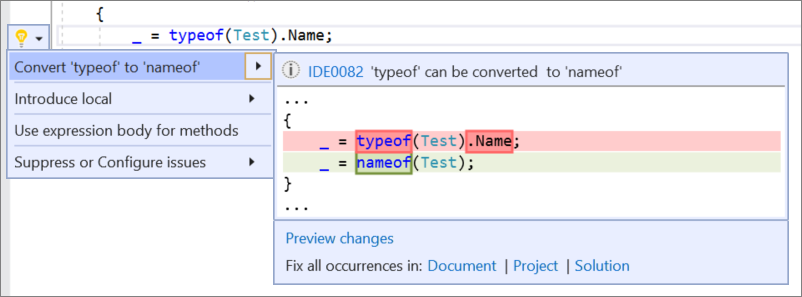 Captura de pantalla del menú Acciones rápidas y refactorizaciones en Visual Studio con la opción Convertir 'typeof' en 'nameof' seleccionada y cambios de código de C# mostrados.