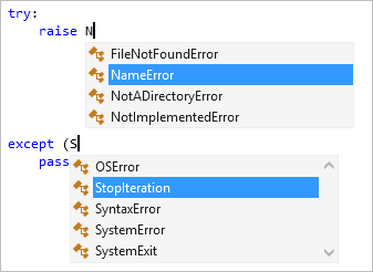 Captura de pantalla que muestra la finalización de excepciones en el editor de Visual Studio.