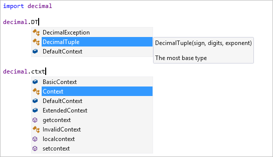 Captura de pantalla que muestra la finalización de miembros con filtrado en el editor de Visual Studio.