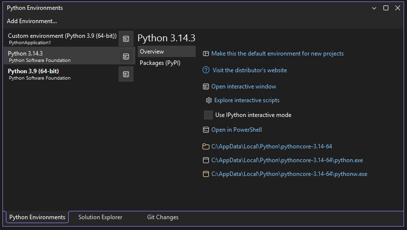 Captura de pantalla que muestra la vista expandida de la ventana Entornos de Python en Visual Studio.