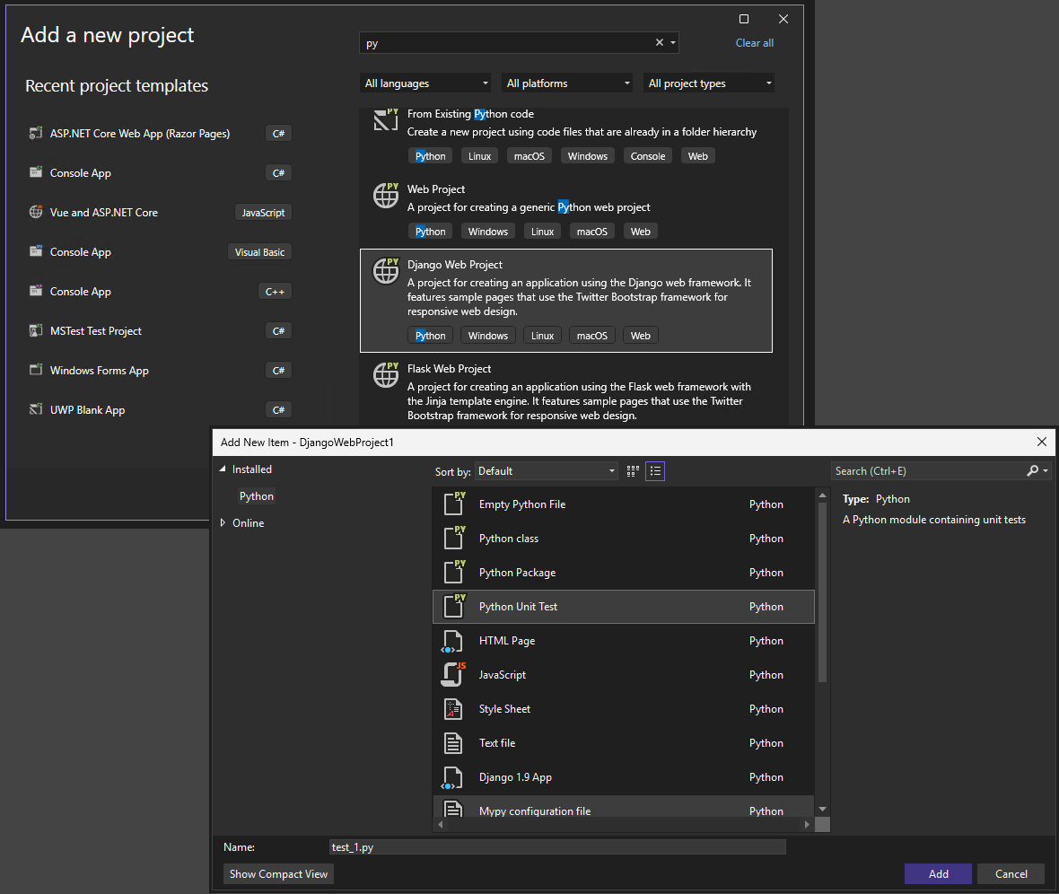 Captura de pantalla de las plantillas de proyecto y elemento de Python en Visual Studio.