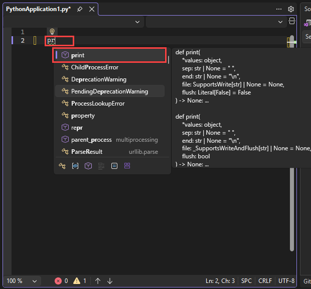 Captura de pantalla que muestra las opciones de autocompletar de IntelliSense en el editor de Visual Studio. La opción de finalización predeterminada está resaltada.