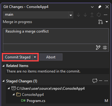 Captura de pantalla que muestra cómo crear una confirmación de combinación mediante la ventana Cambios de Git.