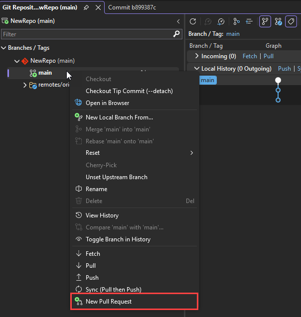Captura de pantalla que muestra la ventana Repositorio de Git. El comando Nueva solicitud de incorporación de cambios está resaltado.