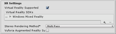 Captura de pantalla de la sección X R Settings (Configuración de X R), Virtual Reality Supported (Realidad virtual admitida) está activada.