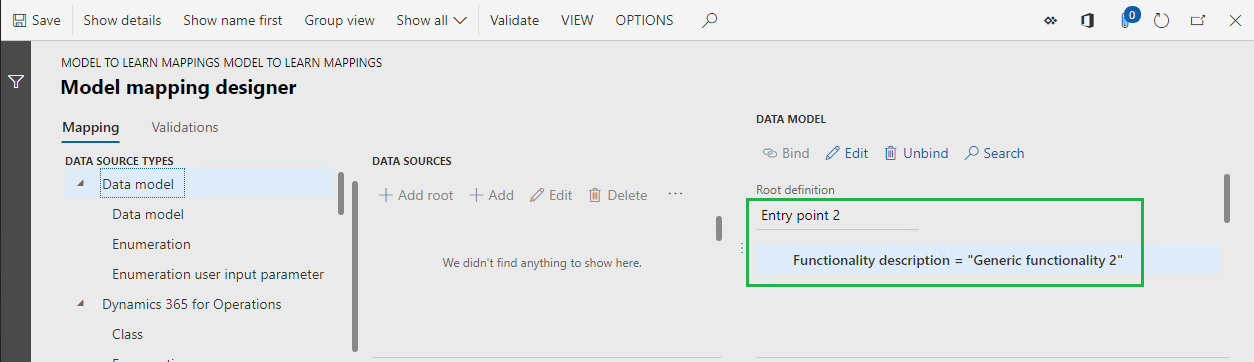 Screenshot of the ER model mapping designer page showing the Entry point 2 definition.
