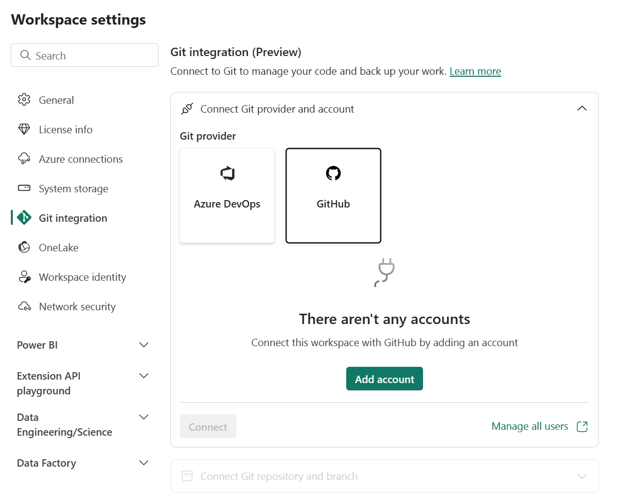 Kuvakaappaus GitHub integraatioikkunasta ilman olemassa olevia tilejä valittavaksi.
