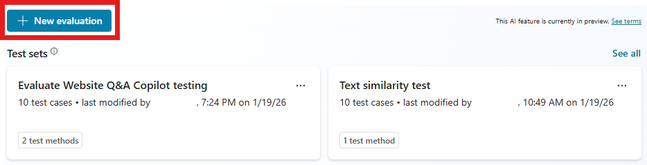 Kuvakaappaus, jossa näkyy Uuden testin luominen -painike Arviointisivulla.