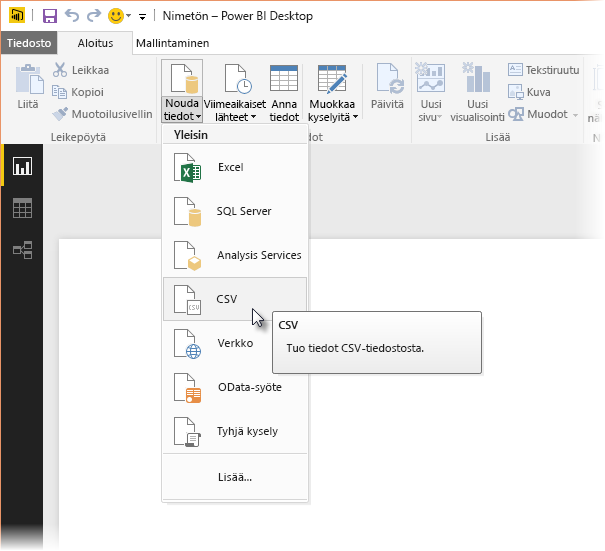 Kuvakaappaus Get Data -nauhasta Power BI Desktopissa, jossa näkyy CSV-valinta.