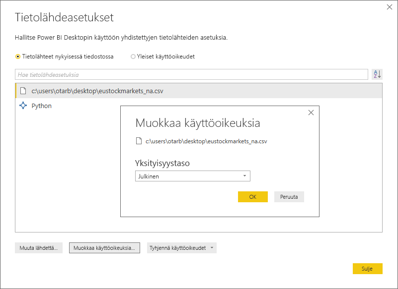 Kuvakaappaus datalähteen asetusten valikosta, jossa yksityisyystaso on asetettu julkiseksi.