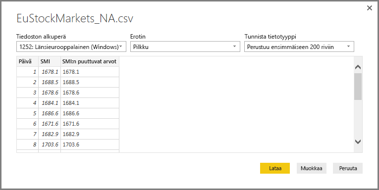Kuvakaappaus CSV-tiedoston valintaikkunasta, jossa näkyy valittu CSV.