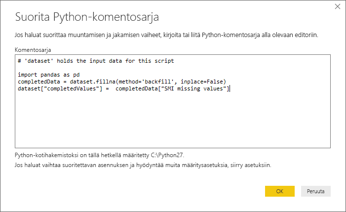 Kuvakaappaus Run Python Script -dialogista, jossa näkyy skriptikoodi.