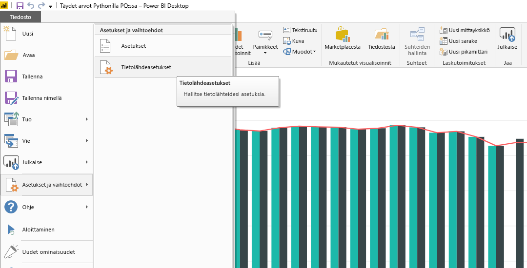Kuvakaappaus Power BI Desktopin Tiedostovalikosta, jossa näkyy tietolähdeasetusten valinta.